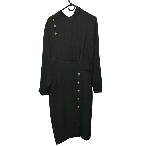 Eva Mendes Black Midi Dress Long Sleeve Neck Gold Button Detail Career Casual 10 - Picture 1 of 10